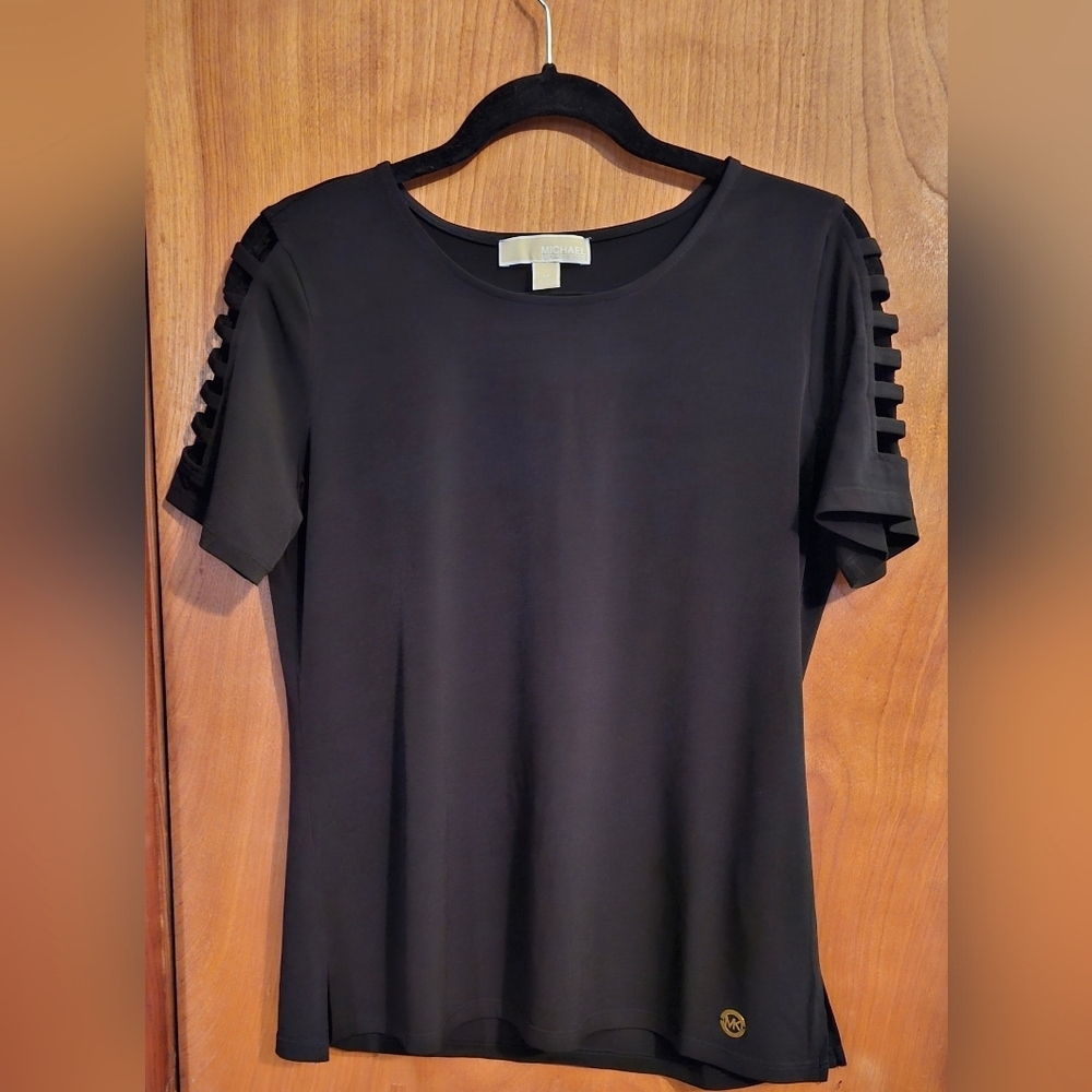 Michael Kors Black Cutout Ladder Sleeve Top | Gold Logo Detail